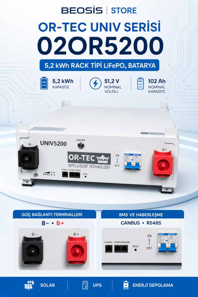 OR-TEC UNIV Serisi 02OR5200 5.2 kWh 51.2 V 102 Ah RACK (KASET) TİPİ LiFePO4 BATARYA