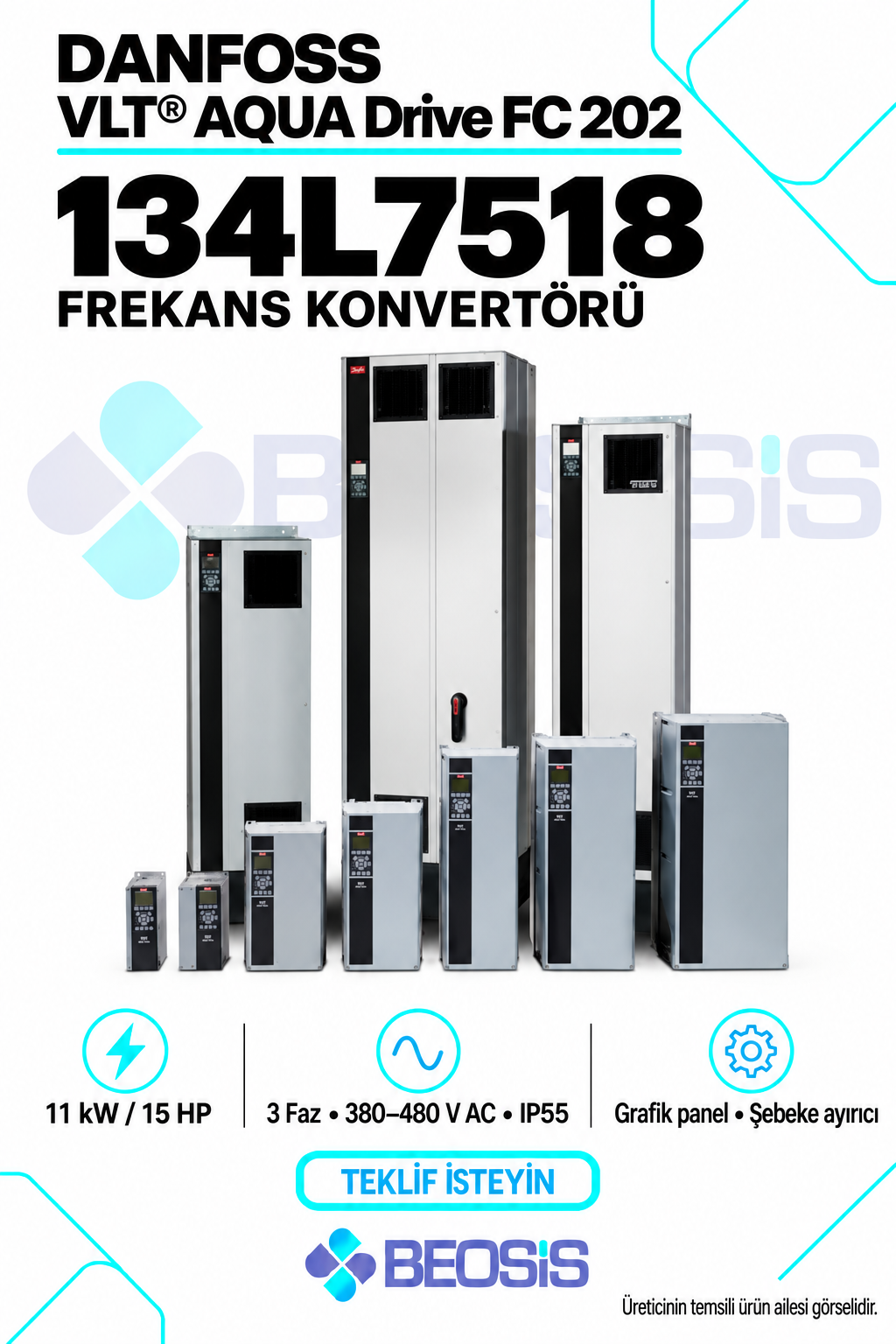 Danfoss 134L7518 VLT AQUA Drive FC 202 11 kW 380–480 V IP55 Grafik Panelli Motor Hız Kontrol Cihazı