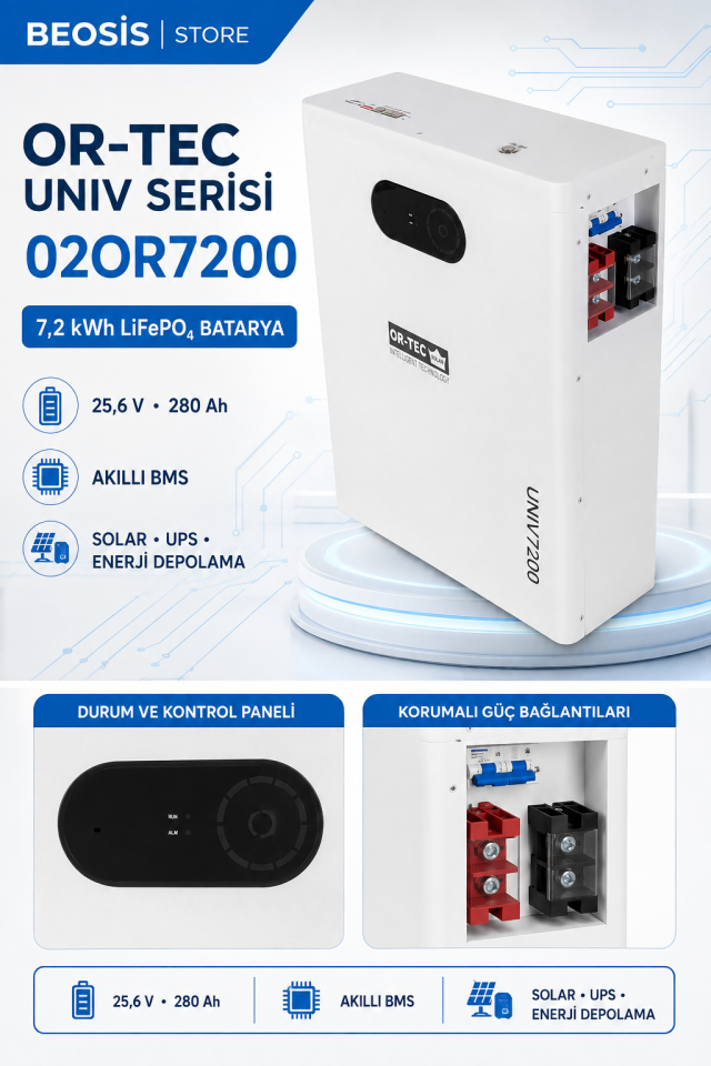 OR-TEC UNIV Serisi 02OR7200 7.2 kWh 25.6 V 280 Ah LiFePO4 BATARYA