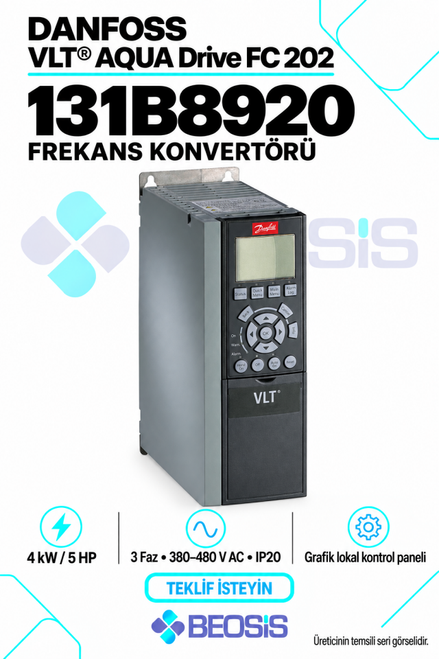 Danfoss 131B8920 VLT AQUA Drive FC 202 4 kW 380–480 V IP20 Grafik Panelli Motor Hız Kontrol Cihazı