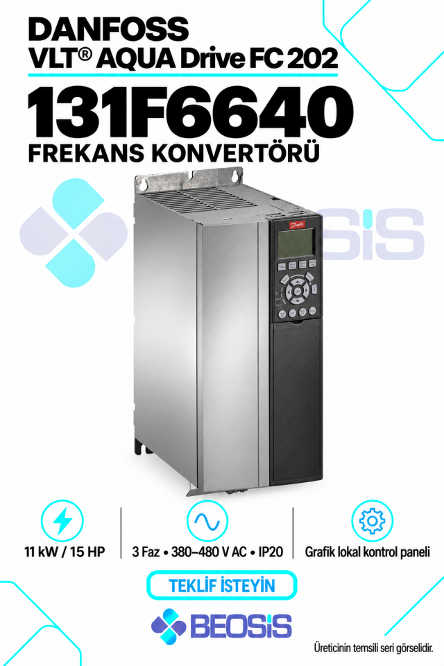 Danfoss 131F6640 VLT AQUA Drive FC 202 11 kW 380–480 V IP20 Grafik Panelli Motor Hız Kontrol Cihazı