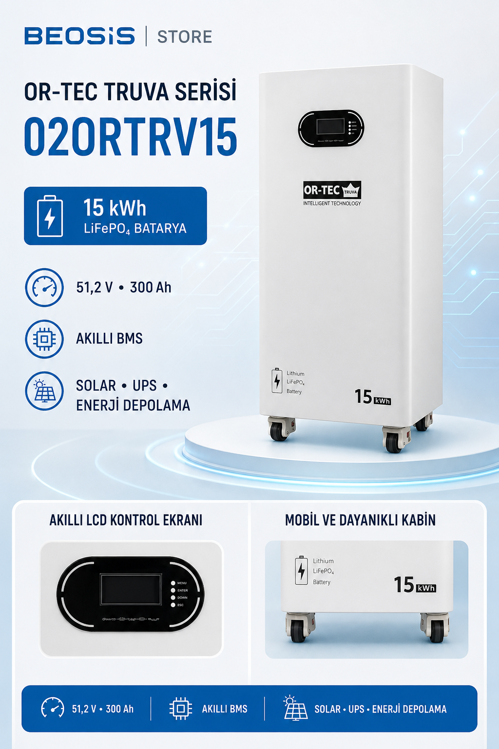 OR-TEC TRUVA Serisi 02ORTRV15 15 kWh 51.2 V 300 Ah LiFePO4 BATARYA