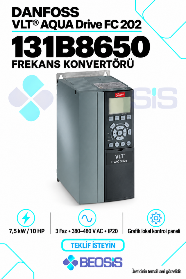Danfoss 131B8650 VLT AQUA Drive FC 202 7,5 kW 380–480 V IP20 Grafik Panelli Motor Hız Kontrol Cihazı