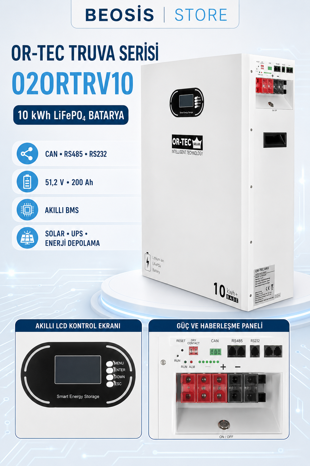 OR-TEC TRUVA Serisi 02ORTRV10 10 kWh 51.2 V 200 Ah LiFePO4 BATARYA