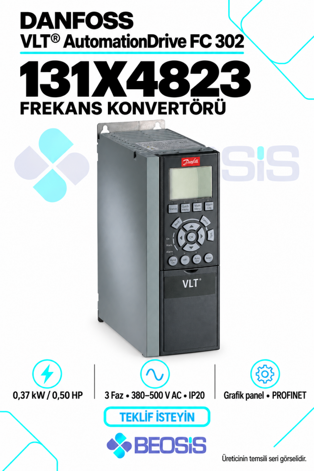 Danfoss 131X4823 VLT AutomationDrive FC 302 0,37 kW 380–500 V IP20 Grafik Panelli Motor Hız Kontrol Cihazı