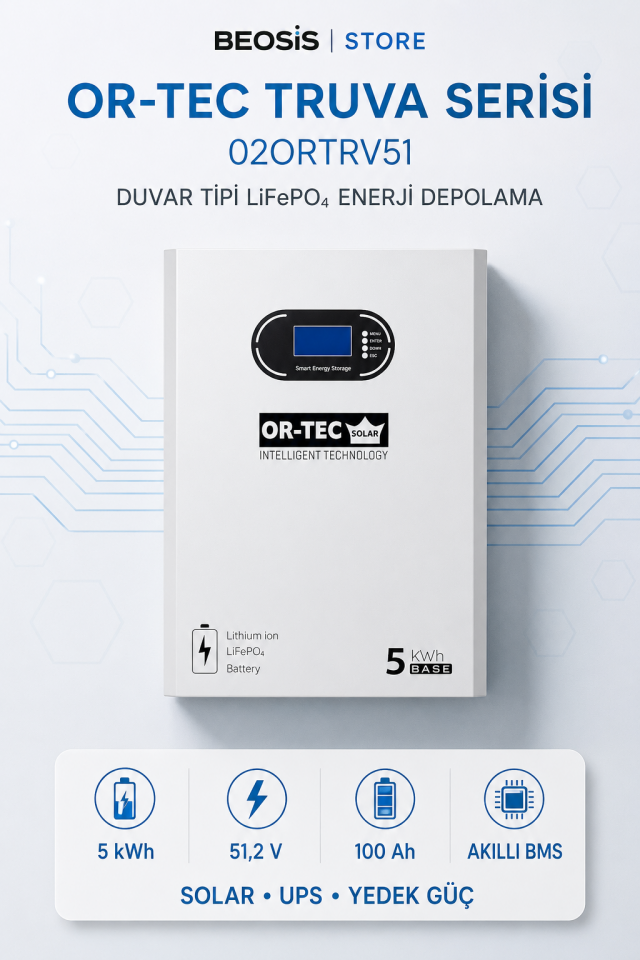 OR-TEC TRUVA Serisi 02ORTRV51 5 kWh 51.2 V 100 Ah DUVAR TİPİ LiFePO4 BATARYA