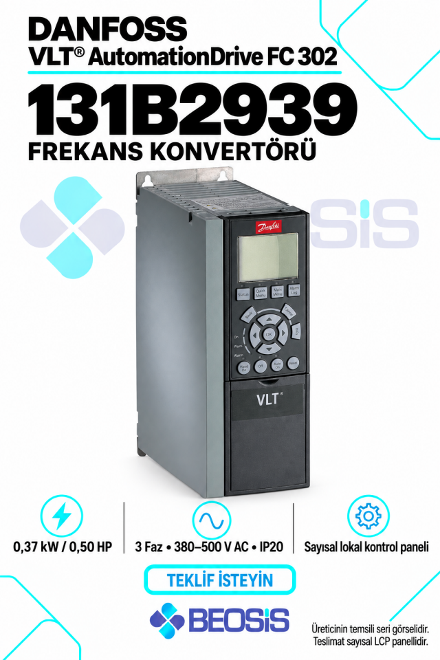 Danfoss 131B2939 VLT AutomationDrive FC 302 0,37 kW 380–500 V IP20 Nümerik Panelli Motor Hız Kontrol Cihazı