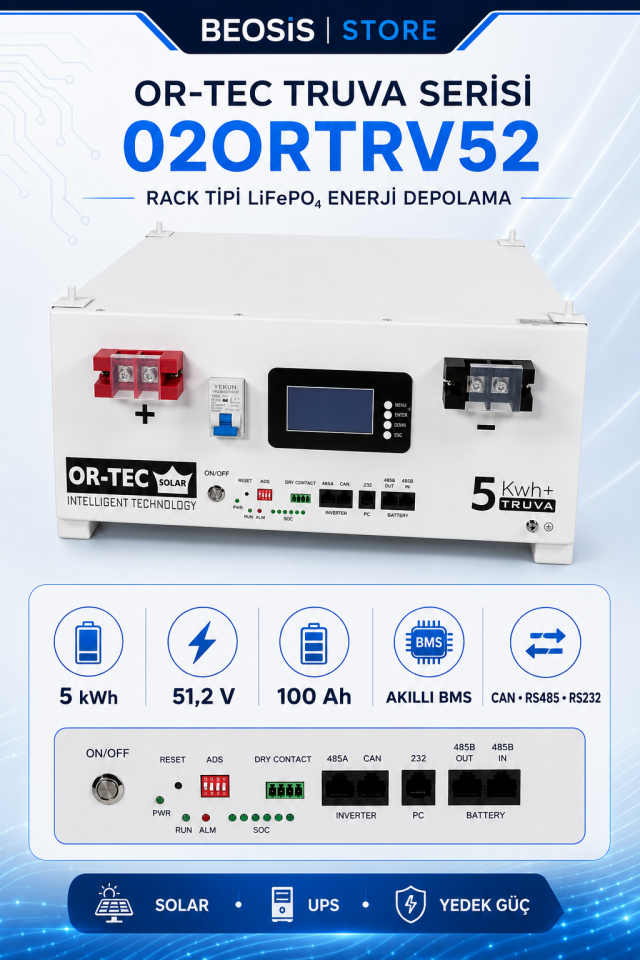 OR-TEC TRUVA Serisi 02ORTRV52 5 kWh 51.2 V 100 Ah RACK (KASET) TİPİ LiFePO4 BATARYA