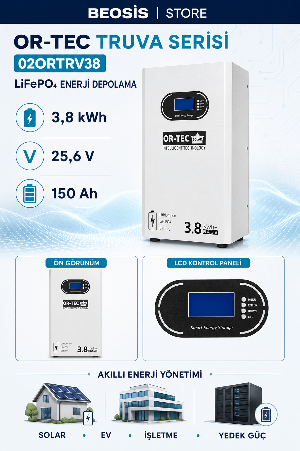 OR-TEC TRUVA Serisi 02ORTRV38 3.8 kWh 25.6 V 150 Ah LiFePO4 BATARYA