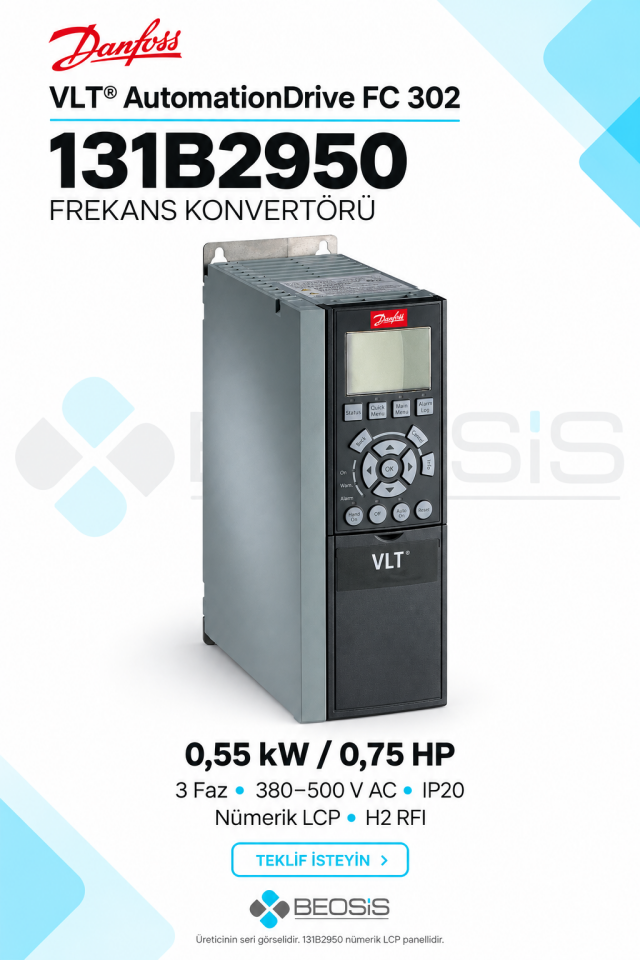 Danfoss 131B2950 VLT AutomationDrive FC 302 0,55 kW 380–500 V IP20 Nümerik Panelli Motor Hız Kontrol Cihazı