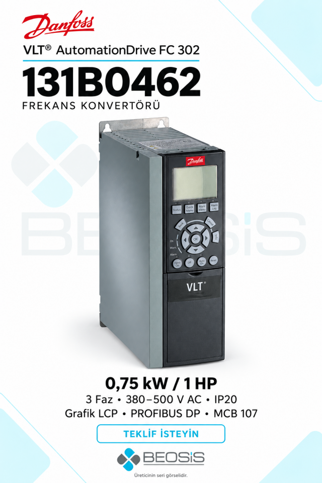 Danfoss 131B0462 VLT AutomationDrive FC 302 0,75 kW 380–500 V IP20 Grafik Panelli Motor Hız Kontrol Cihazı