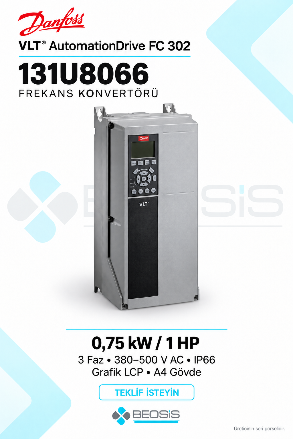 Danfoss 131U8066 VLT AutomationDrive FC 302 0,75 kW 380–500 V IP66 Grafik Panelli Motor Hız Kontrol Cihazı
