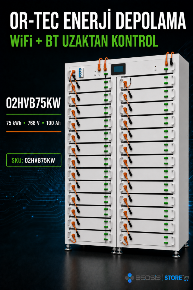 OR-TEC WİFİ ve BT ile UZAKTAN KONTROL 02HVB75KW 75 kWh 768V 100Ah Yüksek Voltaj Enerji Depolama