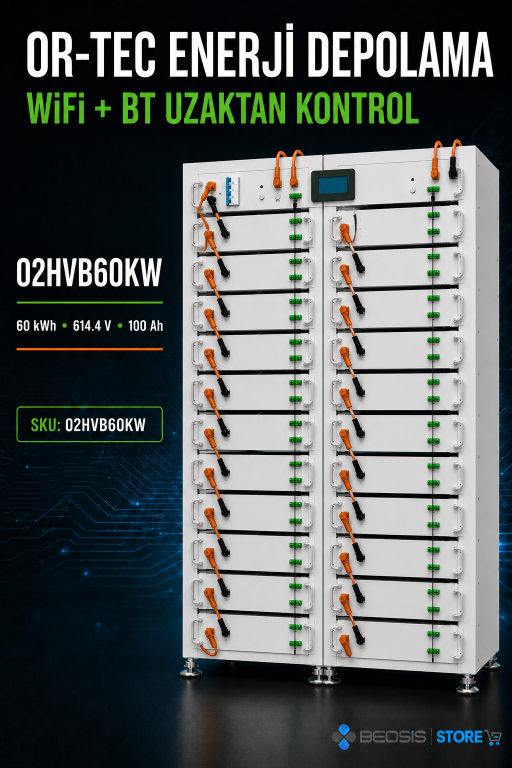 OR-TEC WİFİ ve BT ile UZAKTAN KONTROL 02HVB60KW 60 kWh 614.4V 100Ah Yüksek Voltaj Enerji Depolama