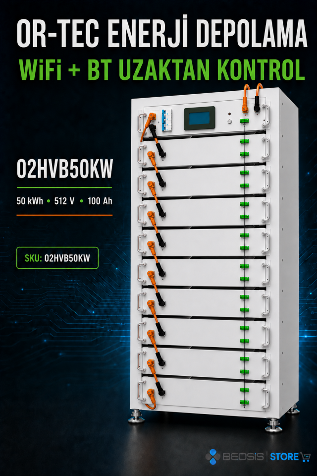 OR-TEC WİFİ ve BT ile UZAKTAN KONTROL 02HVB50KW 50 kWh 512V 100Ah Yüksek Voltaj Enerji Depolama