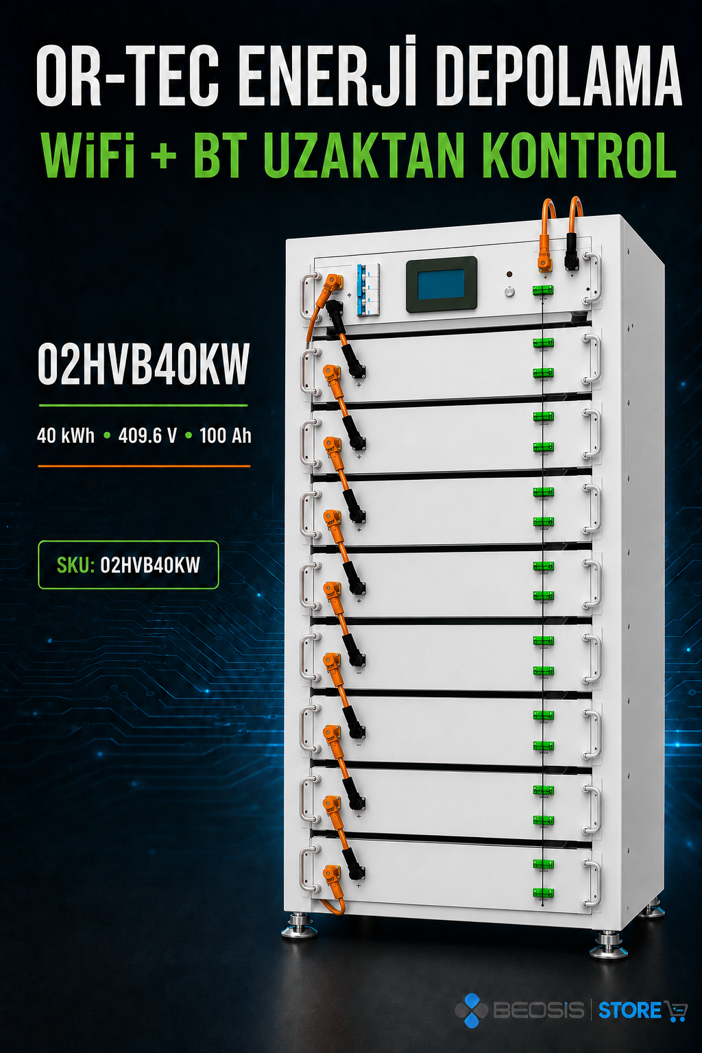 OR-TEC WİFİ ve BT ile UZAKTAN KONTROL 02HVB40KW 40 kWh 409.6V 100Ah Yüksek Voltaj Enerji Depolama
