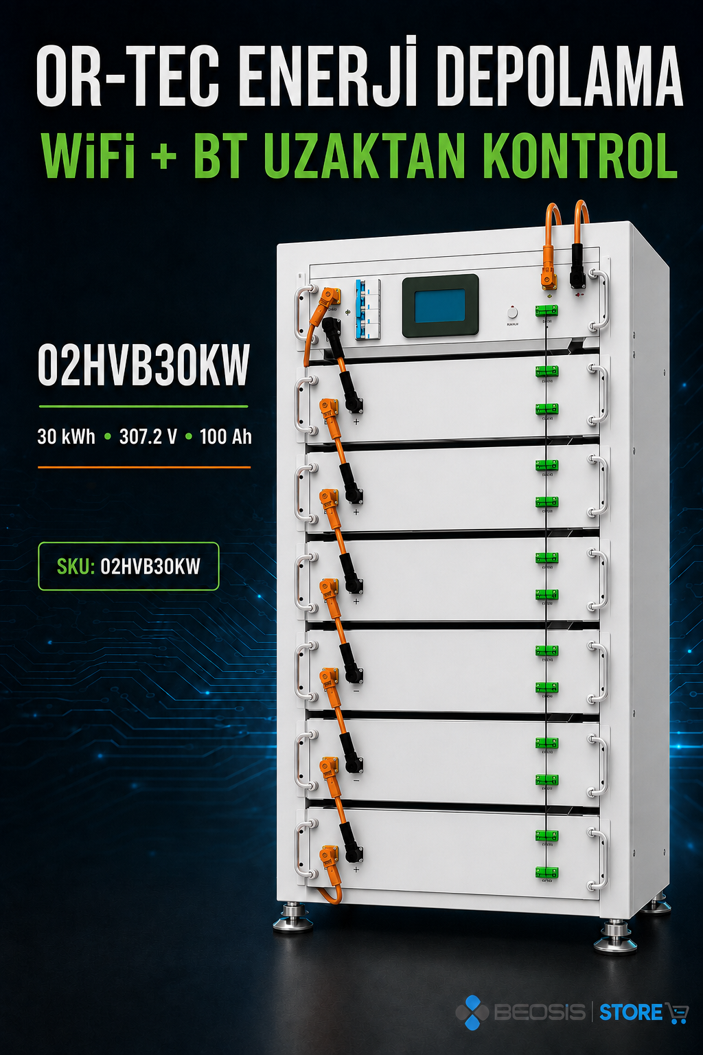 OR-TEC WİFİ ve BT ile UZAKTAN KONTROL 02HVB30KW 30 kWh 307.2V 100Ah Yüksek Voltaj Enerji Depolama