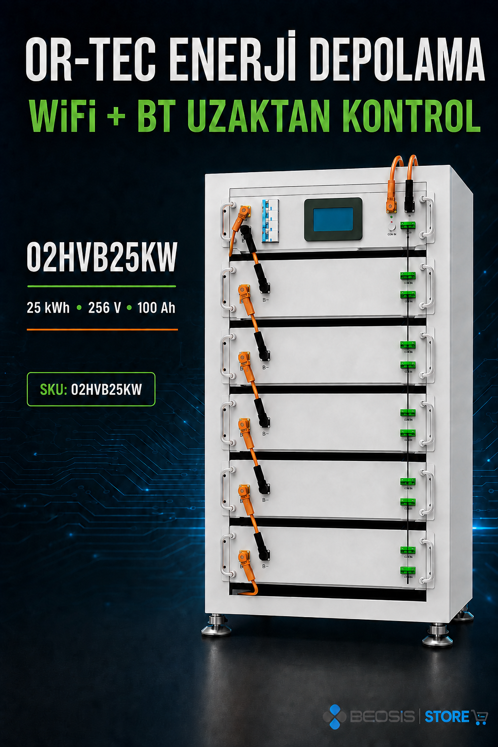 OR-TEC WİFİ ve BT ile UZAKTAN KONTROL 02HVB25KW 25 kWh 256V 100Ah Yüksek Voltaj Enerji Depolama