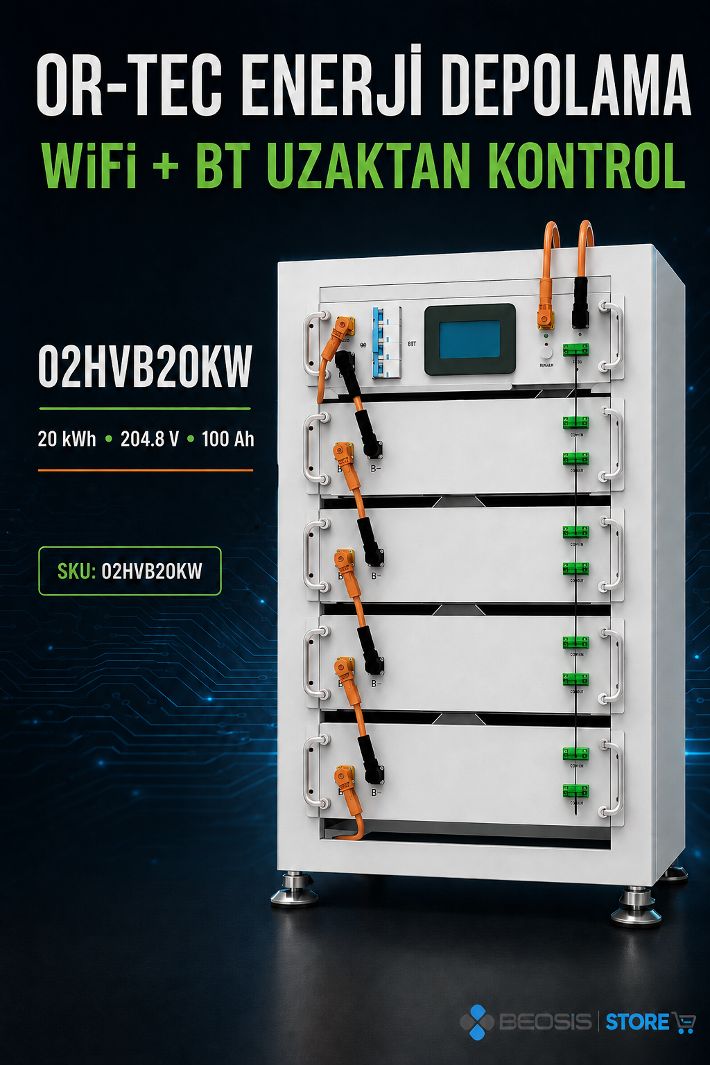OR-TEC WİFİ ve BT ile UZAKTAN KONTROL 02HVB20KW 20 kWh 204.8V 100Ah Yüksek Voltaj Enerji Depolama