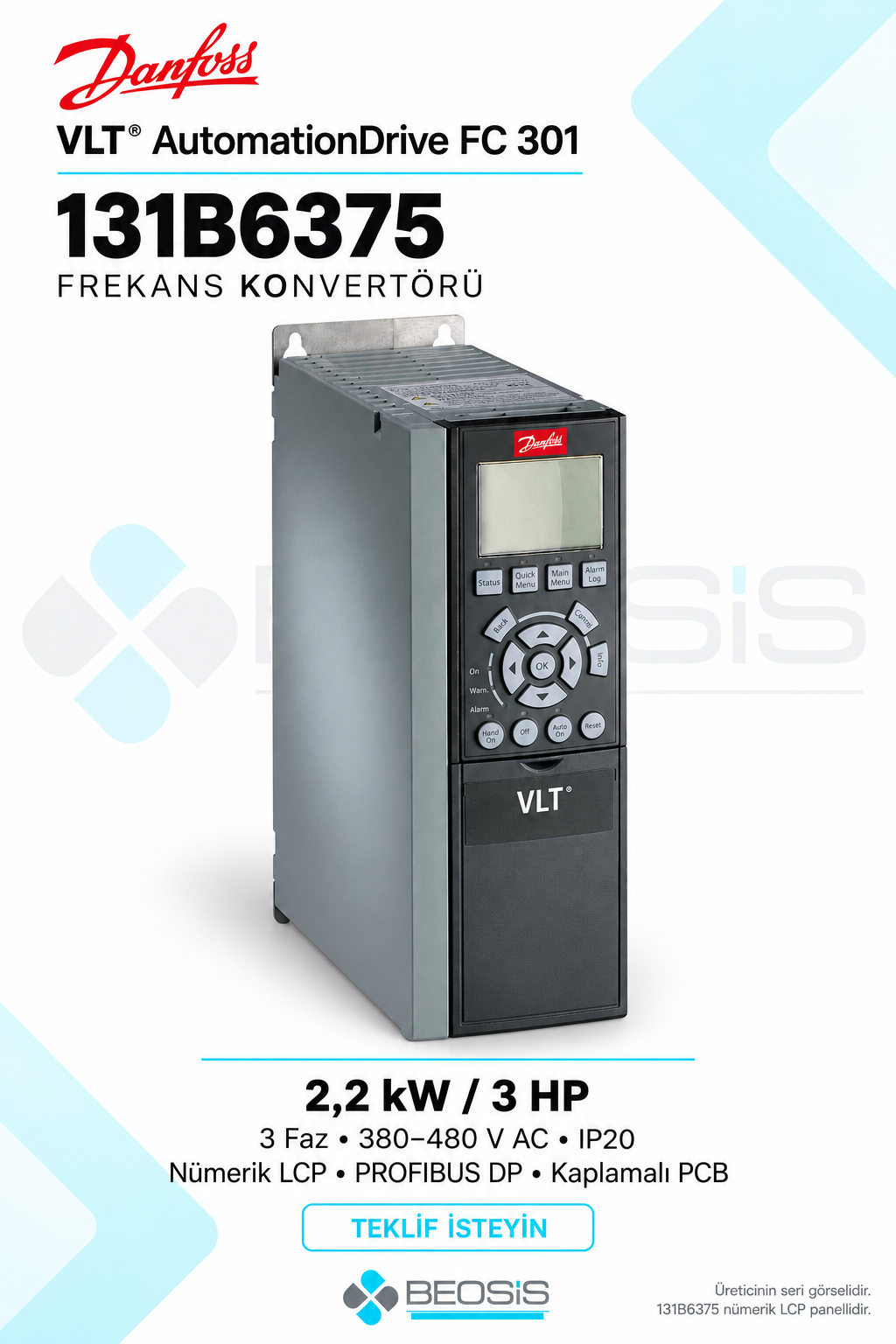 Danfoss 131B6375 VLT AutomationDrive FC 301 2,2 kW 380–480 V IP20 Nümerik Panelli Motor Hız Kontrol Cihazı