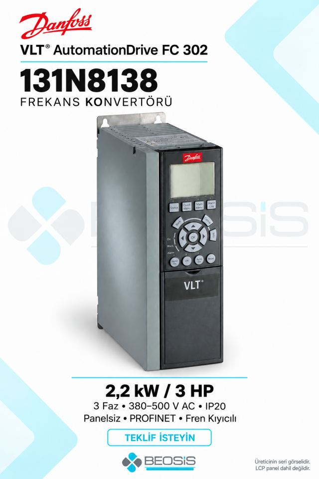 Danfoss 131N8138 VLT AutomationDrive FC 302 2,2 kW 380–500 V IP20 Panelsiz Motor Hız Kontrol Cihazı
