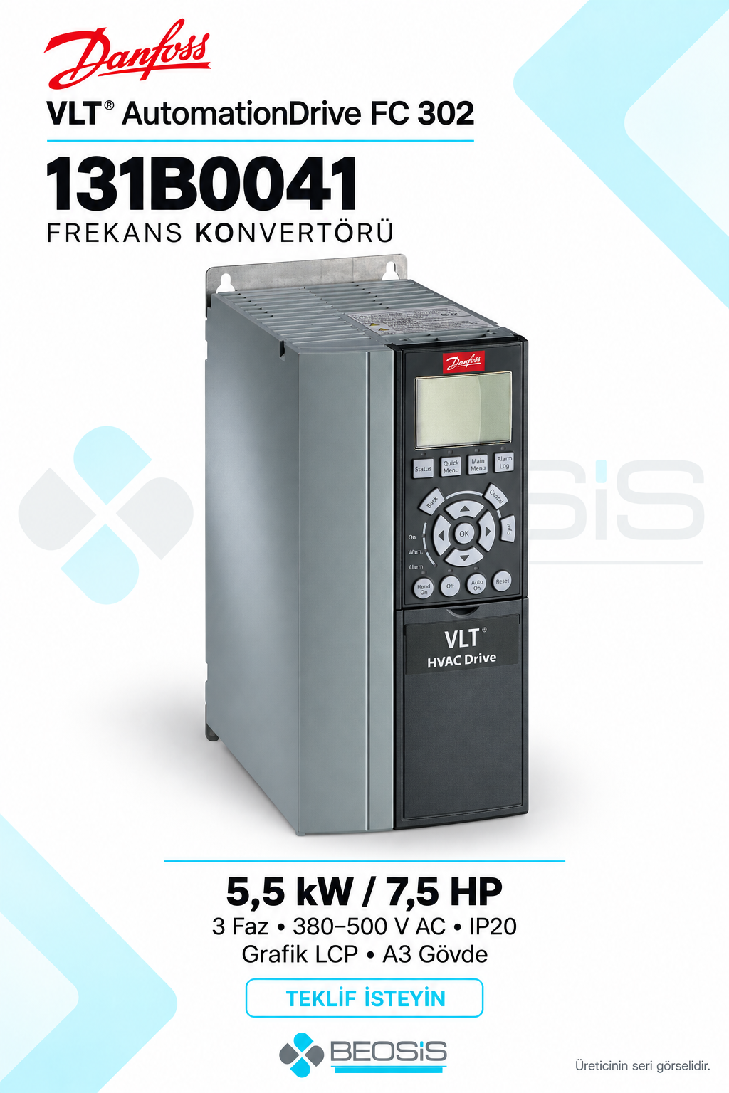 Danfoss 131B0041 VLT AutomationDrive FC 302 5,5 kW 380–500 V IP20 Grafik Panelli Motor Hız Kontrol Cihazı