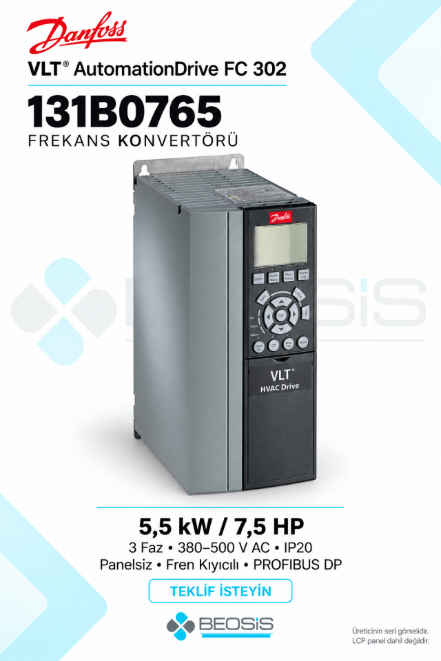 Danfoss 131B0765 VLT AutomationDrive FC 302 5,5 kW 380–500 V IP20 Panelsiz Motor Hız Kontrol Cihazı