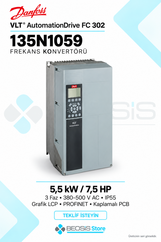 Danfoss 135N1059 VLT AutomationDrive FC 302 5,5 kW 380–500 V IP55 Grafik Panelli Motor Hız Kontrol Cihazı