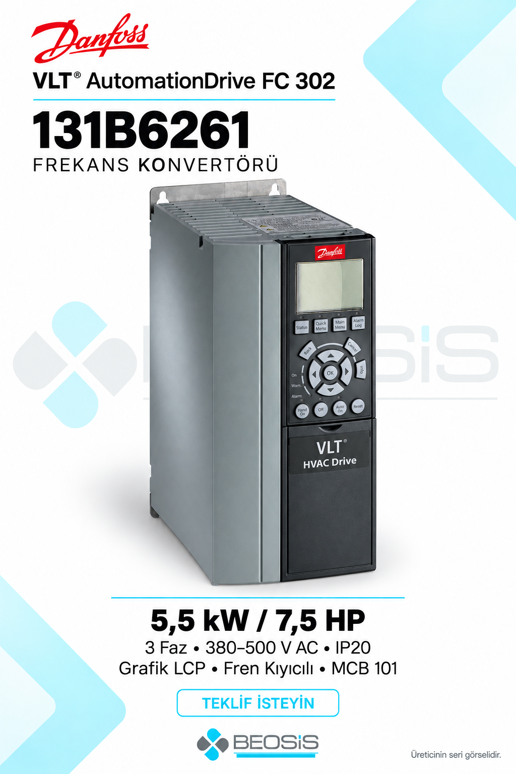 Danfoss 131B6261 VLT AutomationDrive FC 302 5,5 kW 380–500 V IP20 Grafik Panelli Motor Hız Kontrol Cihazı