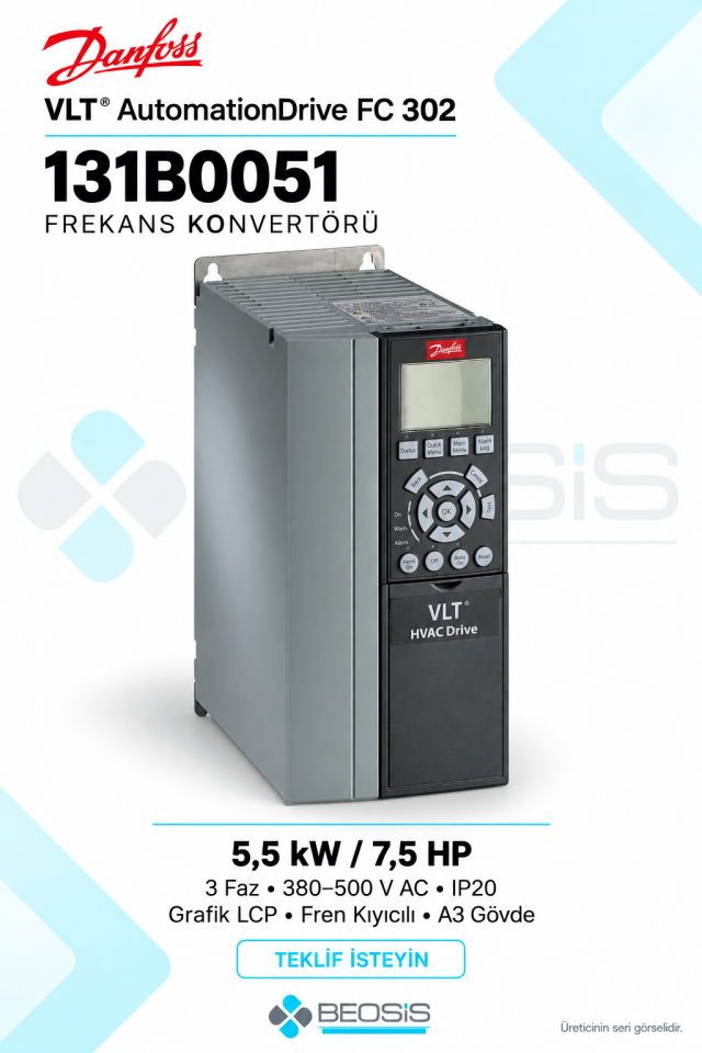 Danfoss 131B0051 VLT AutomationDrive FC 302 5,5 kW 380–500 V IP20 Grafik Panelli Motor Hız Kontrol Cihazı