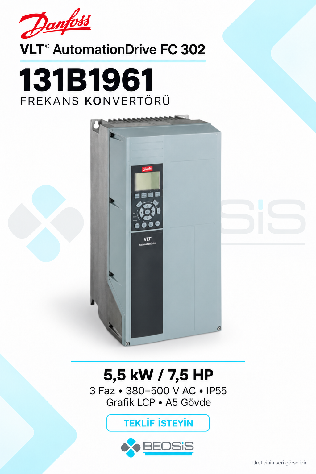 Danfoss 131B1961 VLT AutomationDrive FC 302 5,5 kW 380–500 V IP55 Grafik Panelli Motor Hız Kontrol Cihazı