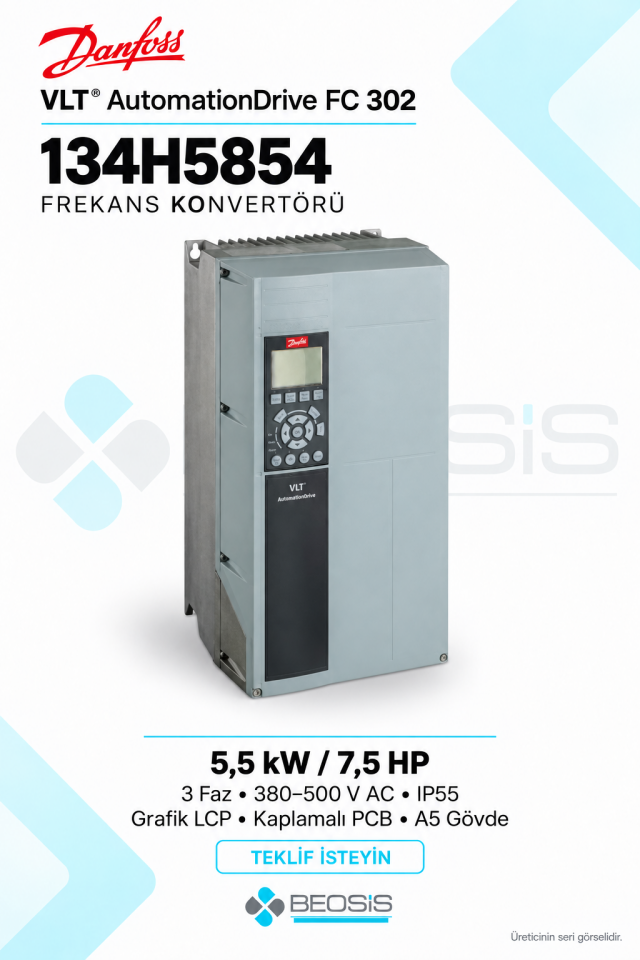 Danfoss 134H5854 VLT AutomationDrive FC 302 5,5 kW 380–500 V IP55 Grafik Panelli Motor Hız Kontrol Cihazı