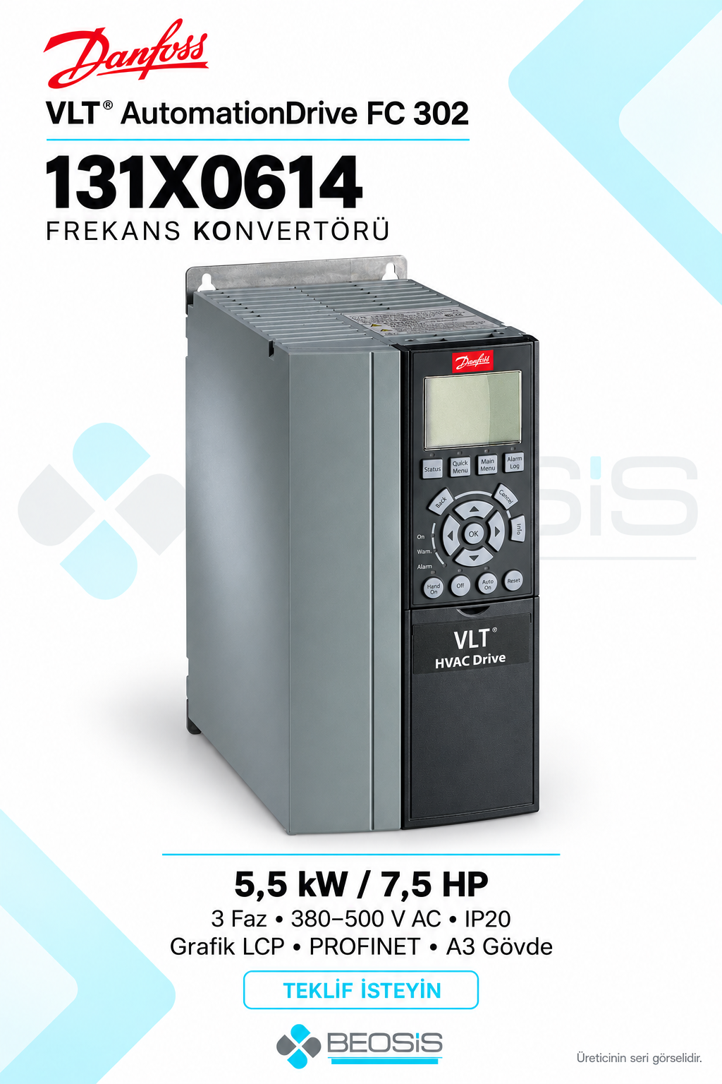 Danfoss 131X0614 VLT AutomationDrive FC 302 5,5 kW 380–500 V IP20 Grafik Panelli Motor Hız Kontrol Cihazı