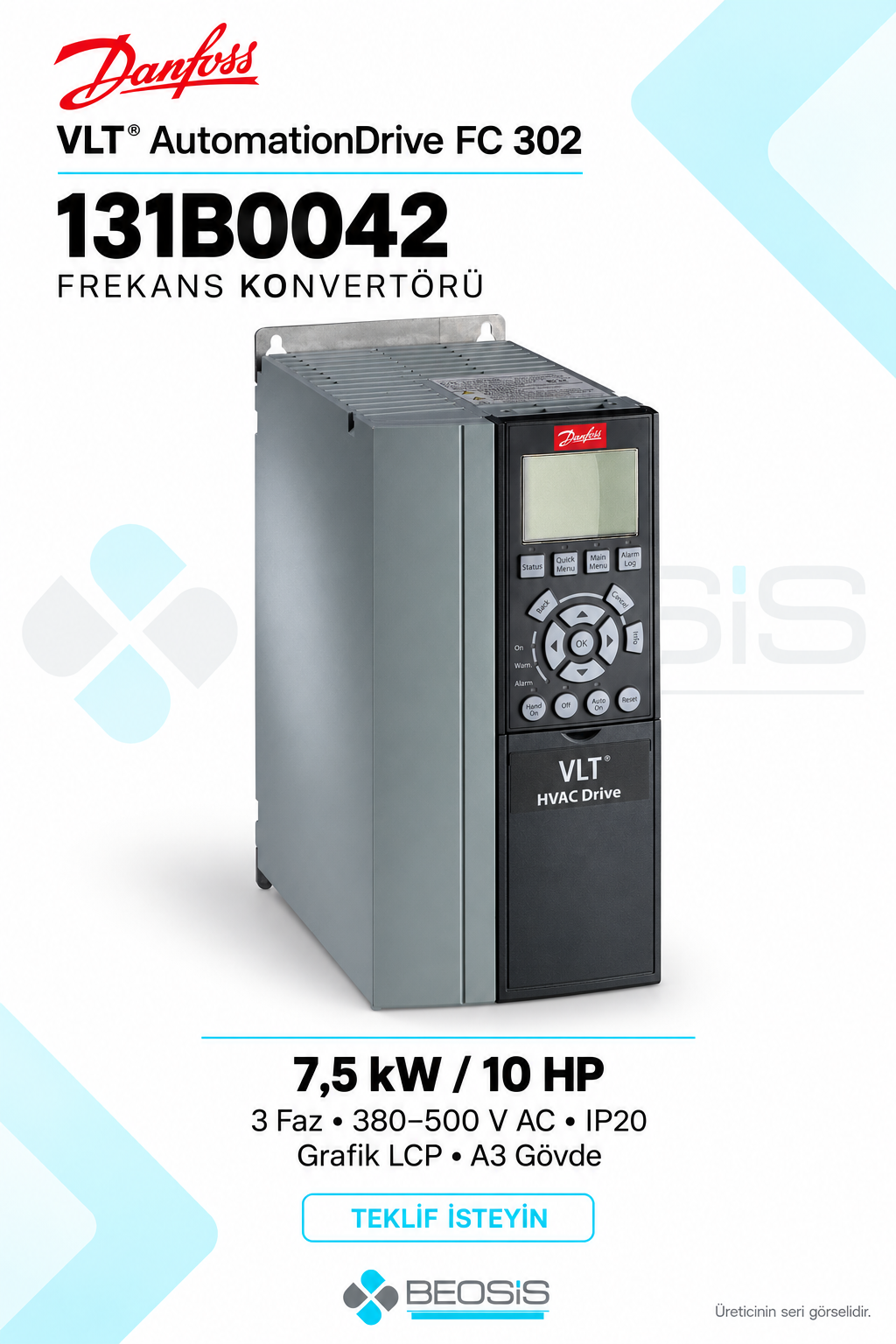 Danfoss 131B0042 VLT AutomationDrive FC 302 7,5 kW 380–500 V IP20 Grafik Panelli Motor Hız Kontrol Cihazı