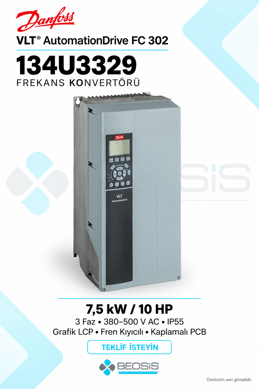 Danfoss 134U3329 VLT AutomationDrive FC 302 7,5 kW 380–500 V IP55 Grafik Panelli Motor Hız Kontrol Cihazı