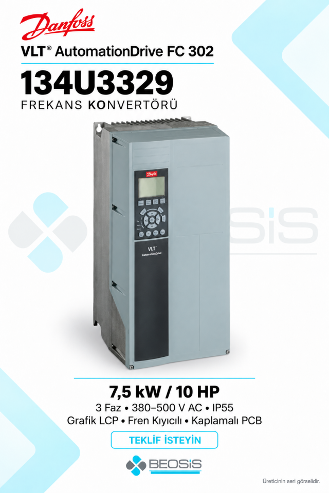 Danfoss 134U3329 VLT AutomationDrive FC 302 7,5 kW 380–500 V IP55 Grafik Panelli Motor Hız Kontrol Cihazı
