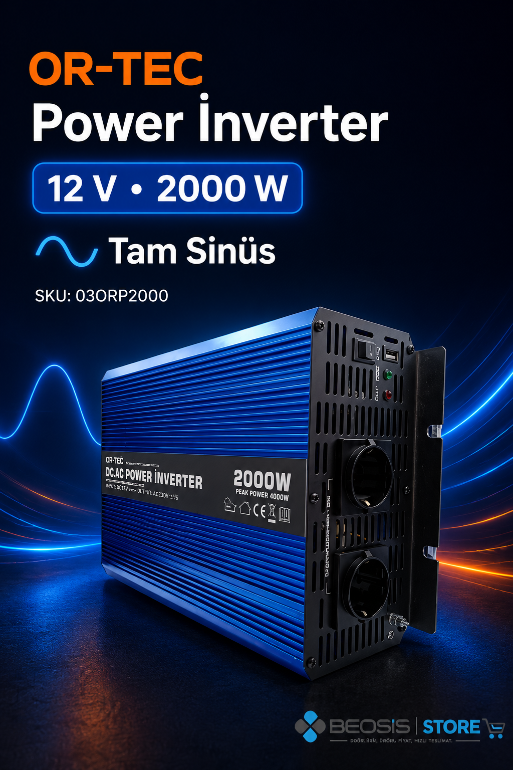 OR-TEC POWER İNVERTER 03ORP2000 12 V 2000W TAM SİNÜS İNVERTER