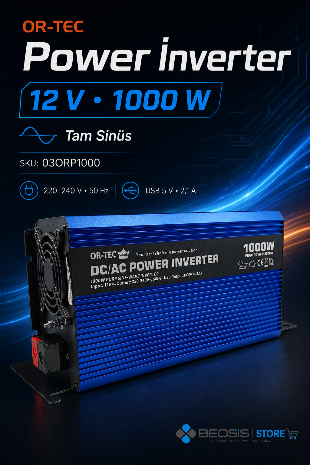OR-TEC POWER İNVERTER 03ORP1000 12 V 1000W TAM SİNÜS İNVERTER
