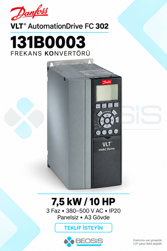 Danfoss 131B0003 VLT AutomationDrive FC 302 7,5 kW 380–500 V IP20 Panelsiz Motor Hız Kontrol Cihazı