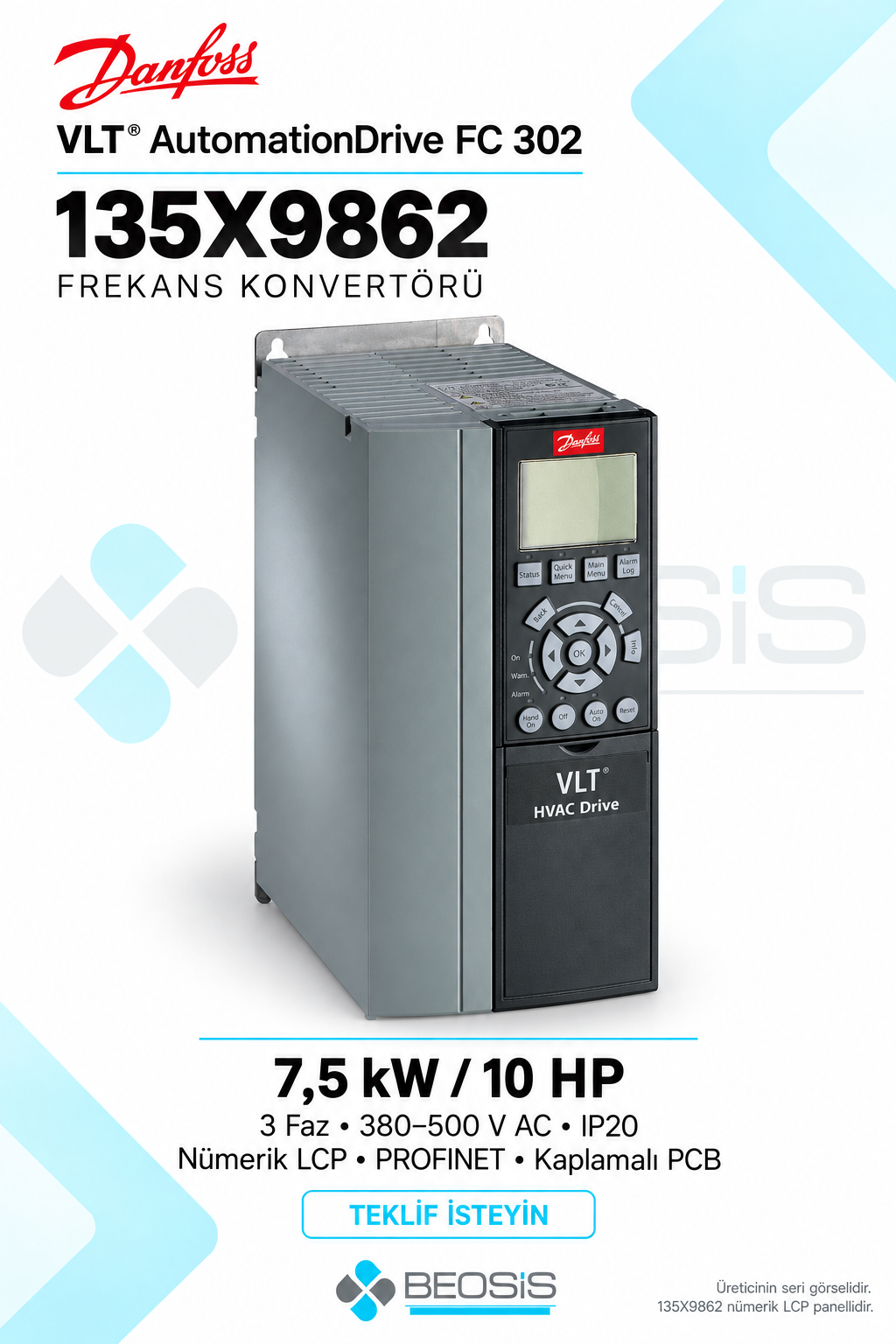 Danfoss 135X9862 VLT AutomationDrive FC 302 7,5 kW 380–500 V IP20 Nümerik Panelli Motor Hız Kontrol Cihazı