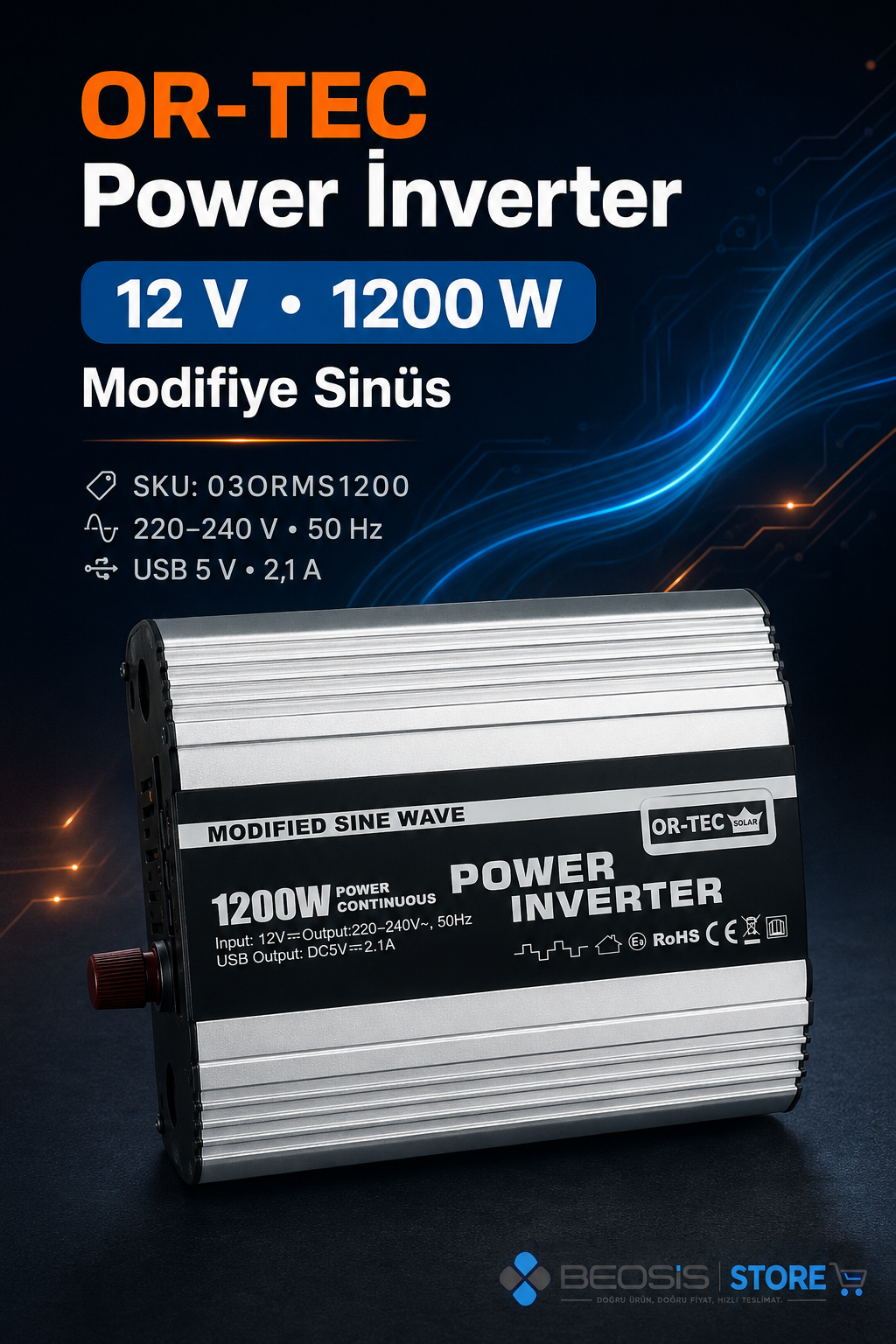 OR-TEC POWER İNVERTER 03ORMS1200 12 V 1200W MODİFİYE SİNÜS İNVERTER