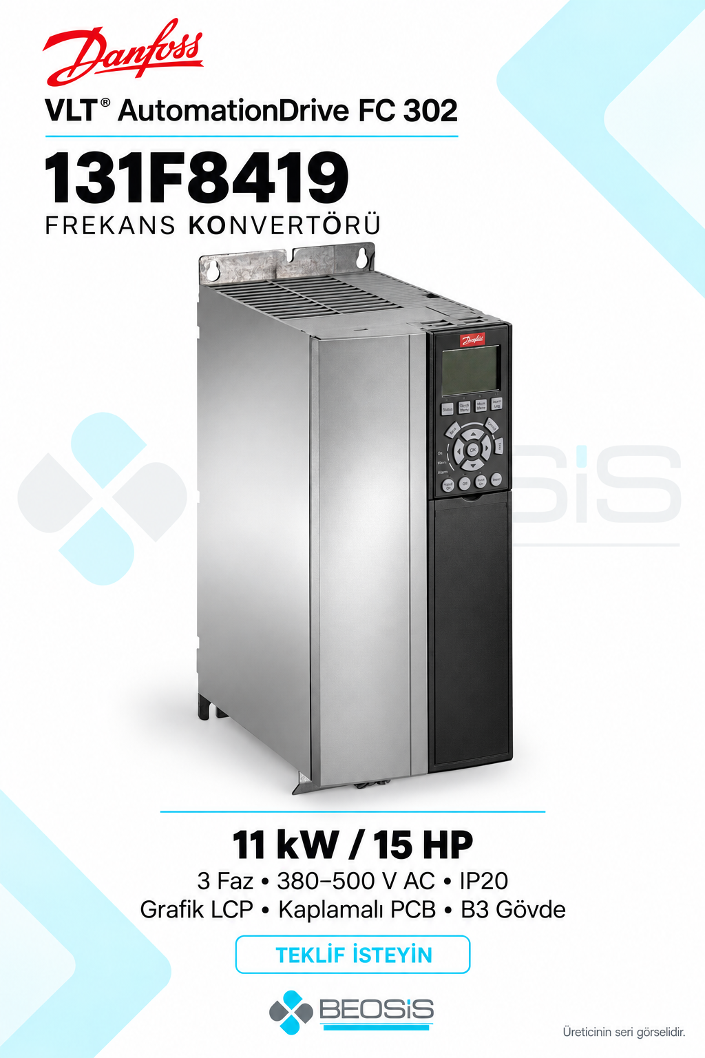 Danfoss 131F8419 VLT AutomationDrive FC 302 11 kW 380–500 V IP20 Grafik Panelli Motor Hız Kontrol Cihazı