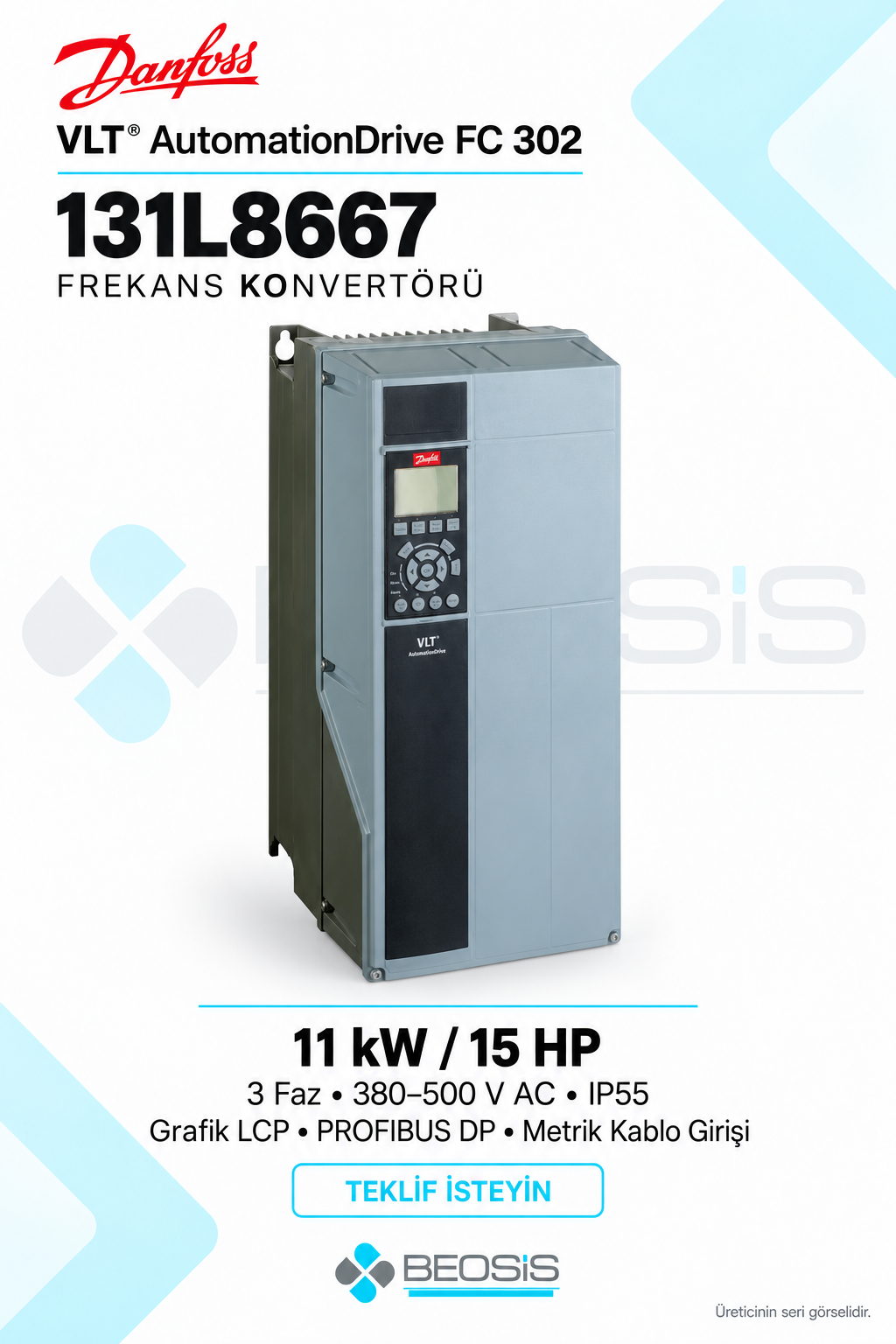 Danfoss 131L8667 VLT AutomationDrive FC 302 11 kW 380–500 V IP55 Grafik Panelli Motor Hız Kontrol Cihazı