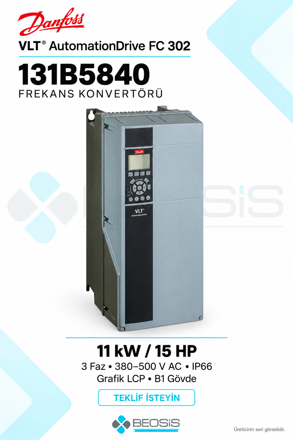 Danfoss 131B5840 VLT AutomationDrive FC 302 11 kW 380–500 V IP66 Grafik Panelli Motor Hız Kontrol Cihazı