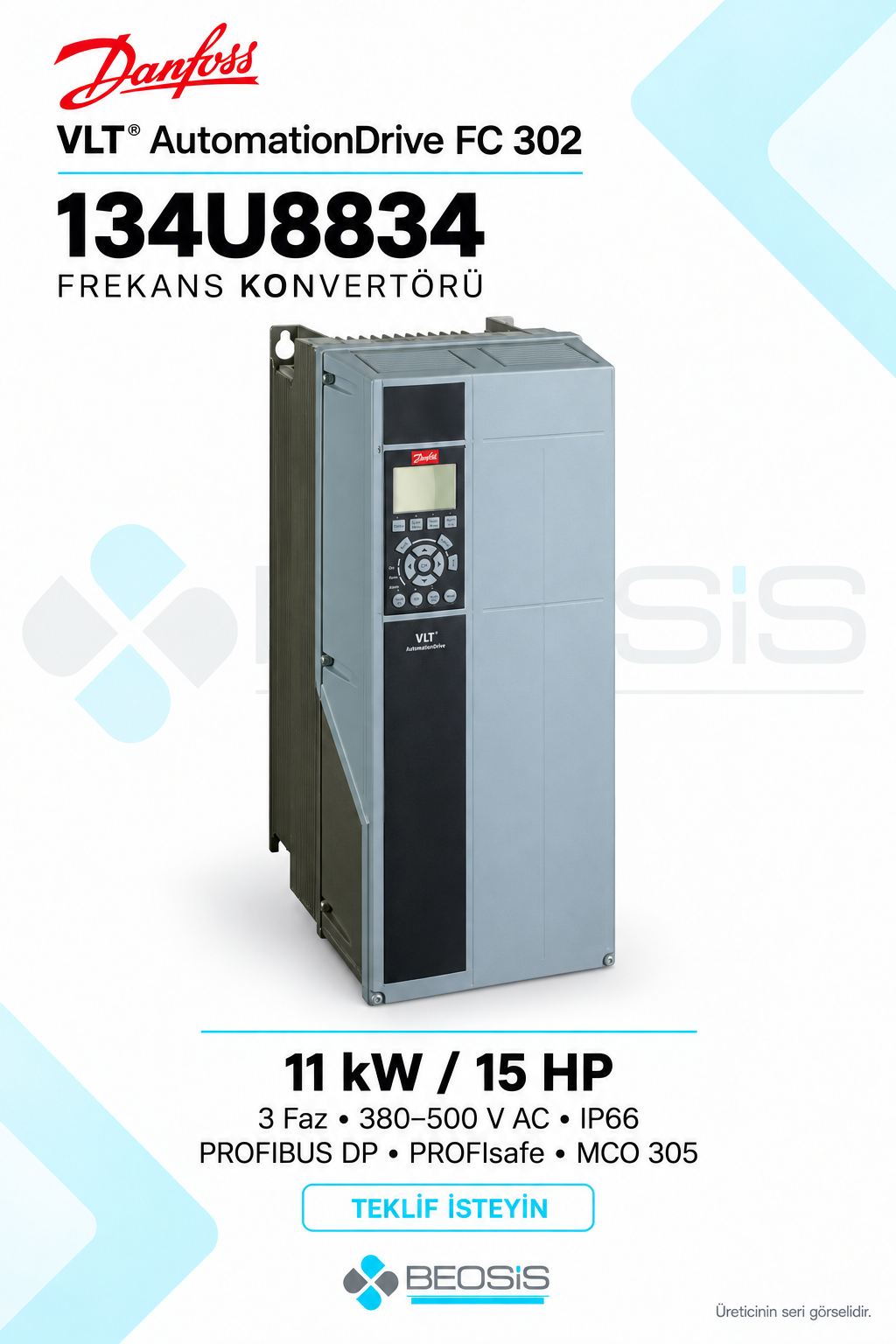 Danfoss 134U8834 VLT AutomationDrive FC 302 11 kW 380–500 V IP66 Grafik Panelli Motor Hız Kontrol Cihazı