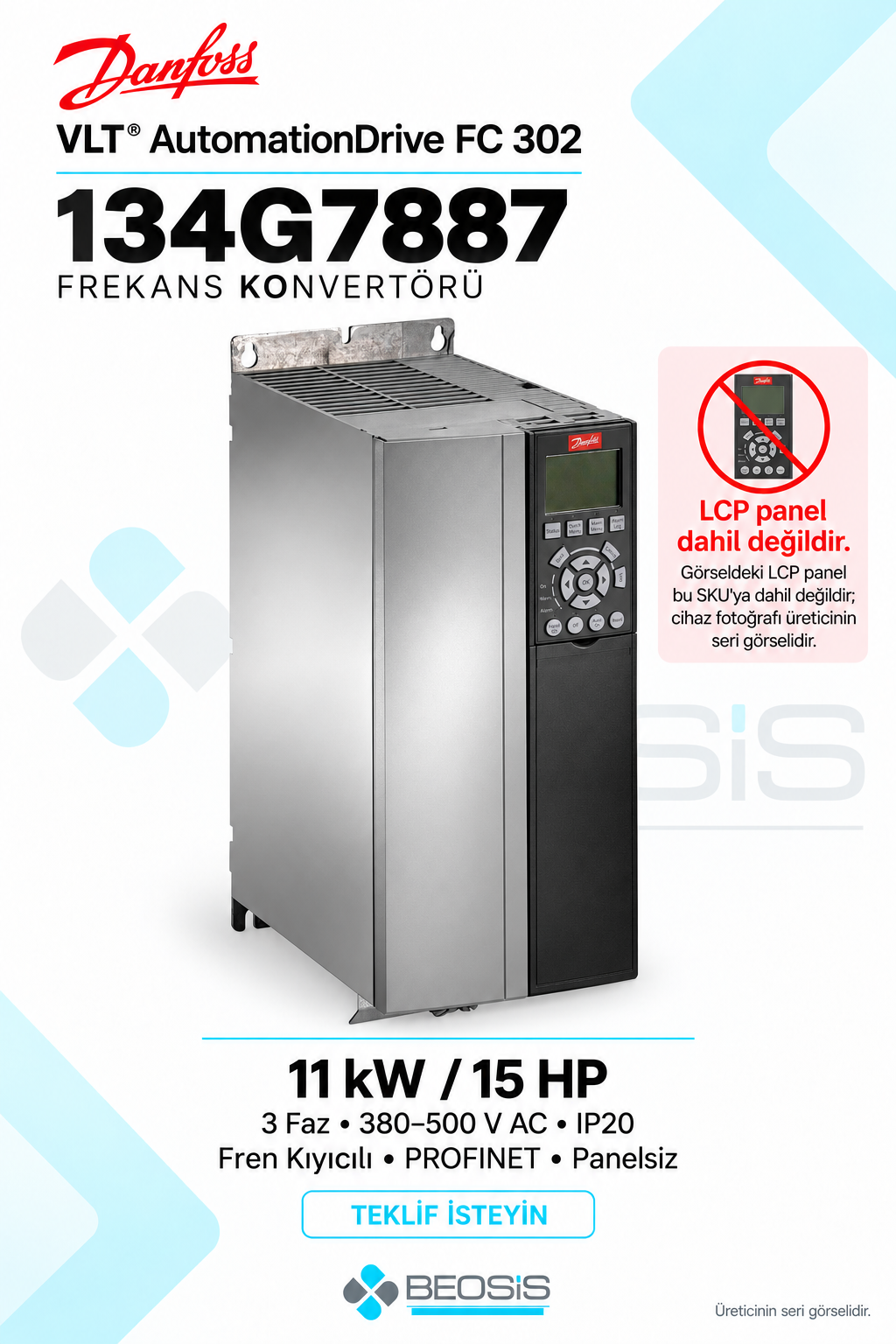 Danfoss 134G7887 VLT AutomationDrive FC 302 11 kW 380–500 V IP20 Panelsiz Motor Hız Kontrol Cihazı