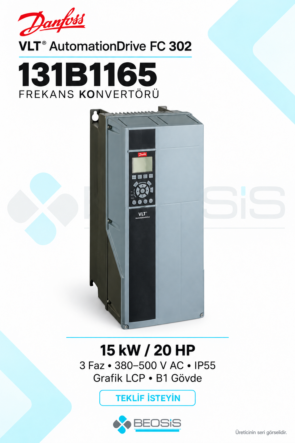 Danfoss 131B1165 VLT AutomationDrive FC 302 15 kW 380–500 V IP55 Grafik Panelli Motor Hız Kontrol Cihazı
