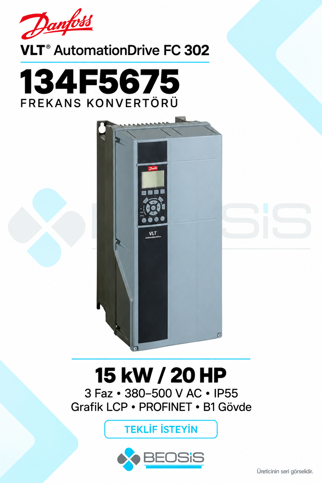 Danfoss 134F5675 VLT AutomationDrive FC 302 15 kW 380–500 V IP55 Grafik Panelli Motor Hız Kontrol Cihazı