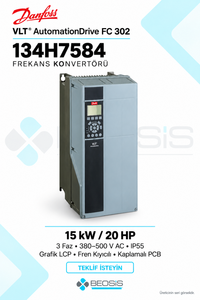 Danfoss 134H7584 VLT AutomationDrive FC 302 15 kW 380–500 V IP55 Grafik Panelli Motor Hız Kontrol Cihazı