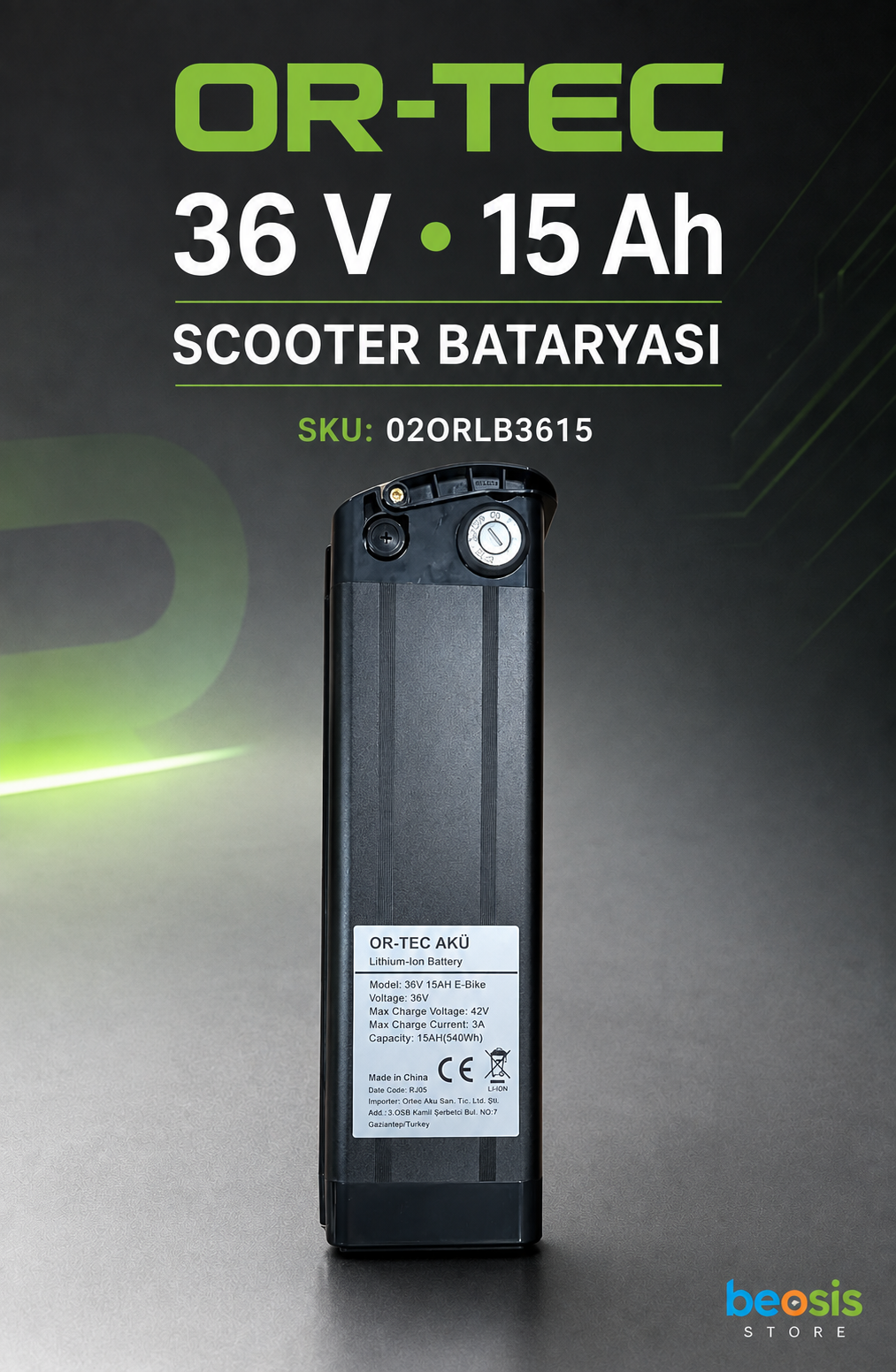 OR-TEC LİTYUM E-BİKE BATARYA 02ORLB3615 OR-TEC 36 V 15 Ah SCOOTER BATARYA